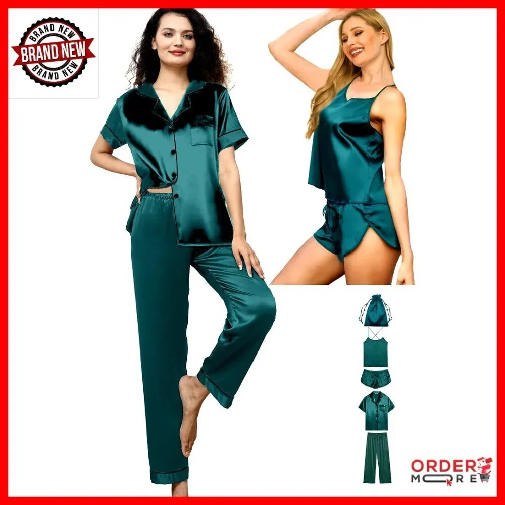 Silk Satin Pajama Set 5-Piece Women's Loungewear Sleepwear with Pouch Bag